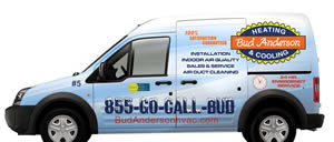 Blue van with Bud Anderson logo on it from a sideview against a white background