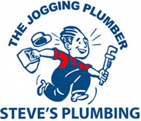 Cartoon plumber mid-run carrying plumbing tools. Text says The Jogging Plumbers, Steve's Plumbing